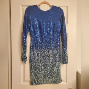 Revamped Blue Ombre Low Back Long Sleeve Sequin Dress